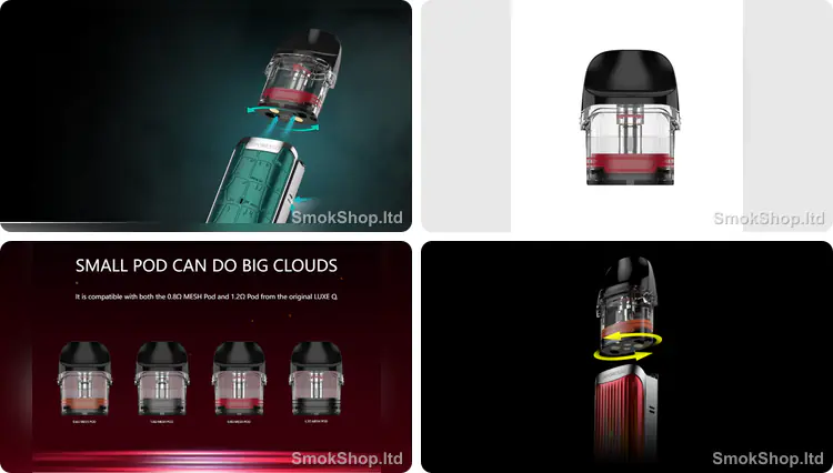 Vaporesso LUXE Q Pod Kartuş - manyetik kartuş bağlantısı, 2 ml kartuş görünümü ve LUXE Q serisi kartuş uyumu