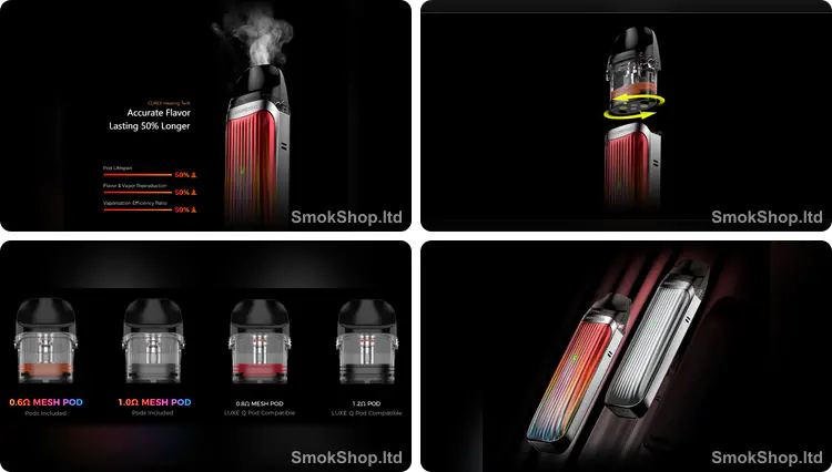 Vaporesso Luxe QS - COREX aroma teknolojisi, pod ile hava akışı ayarı, mesh pod seçenekleri ve holografik desen