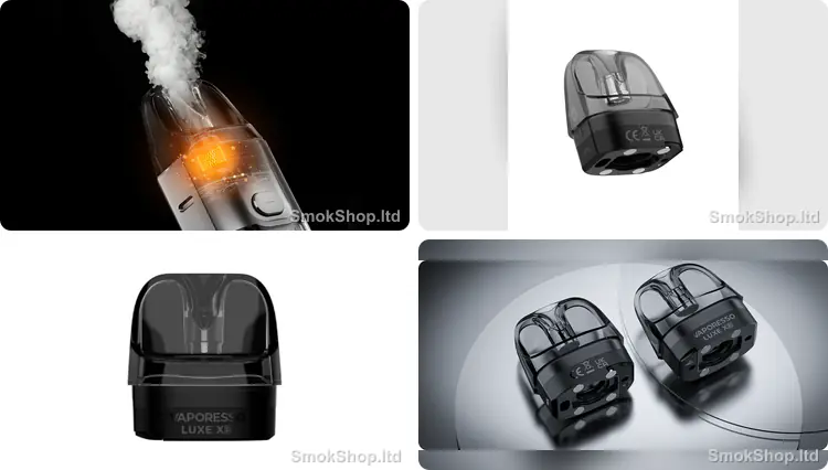 Vaporesso LUXE XR Boş Kartuş DTL - COREX ısıtma, DTL pod görünümü, ön görünüm ve şeffaf pod tasarımı