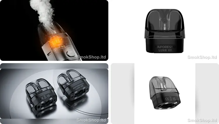 Vaporesso Luxe XR DTL Kartuş 5ml - COREX ısıtma, önden görünüm, iki kartuş yakın plan ve DTL pod