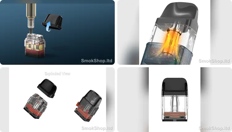 Vaporesso XROS Corex 3.0 Kartuş - üstten dolum, cihazda mesh ısıtma, kartuş iç yapısı ve kartuş görünümü