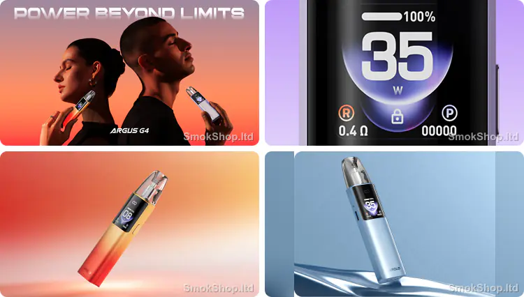 Voopoo Argus G4 - kompakt ve ergonomik tasarım, 0.85 inç HD ekran, 5-35W güç ve renk seçenekleri