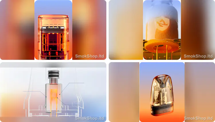 VOOPOO Argus Multi-Ohm Kartuş - çoklu elektrot yapısı, pamuk ve ısıtıcı detayı, turuncu tabanlı pod