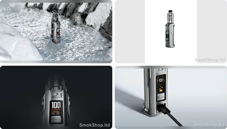VOOPOO Argus XT - suya ve darbelere dayanıklı gövde, ön görünüm, 100W TURBO mod ve Type-C hızlı şarj