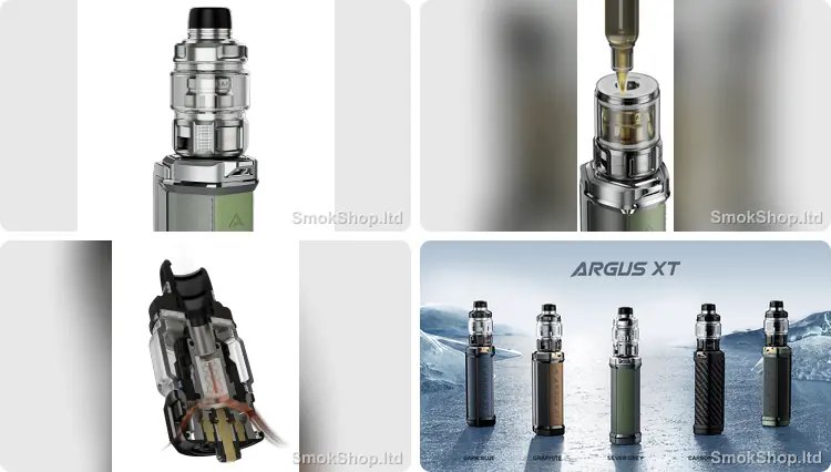 VOOPOO Argus XT - MAAT tank, üstten likit doldurma, volkan krateri yapısı ve renk seçenekleri