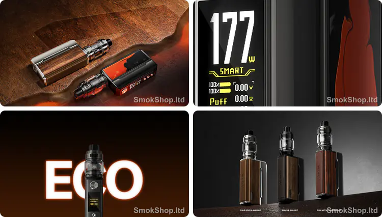 Voopoo Drag 4 - reçine ve ahşap damarlı tasarım, 177W güç, SMART ekran ve ECO modu