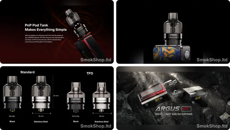 VooPoo PnP Pod Tank: 510 tabanla modda kullanım, 26 mm çap ve 50 mm boy, siyah ve paslanmaz çelik renkler, ARGUS GT kiti