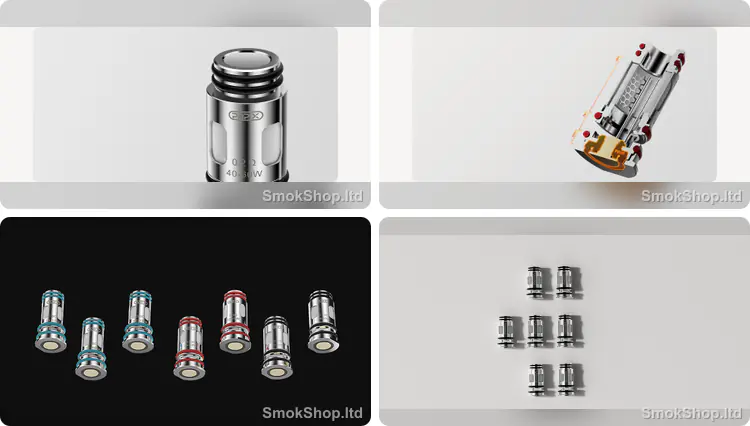 Voopoo PnP X Coil - mesh coil yakın çekim, 4 katmanlı sızdırmaz coil kesiti ve PnP X coil direnç seçenekleri