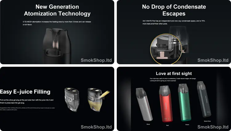 VOOPOO VMATE - 0.7 ohm mesh bobin, sızdırmaz kartuş yapısı, yandan kolay dolum ve renk seçenekleri