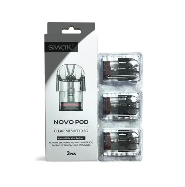 SMOK Novo Pod Clear Meshed 0.8 ohm 3'lü kartuş paketi ve kutu üzerindeki uyumlu cihaz listesi