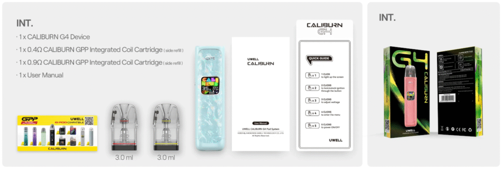 Uwell Caliburn G4 pod kit kutu içeriği