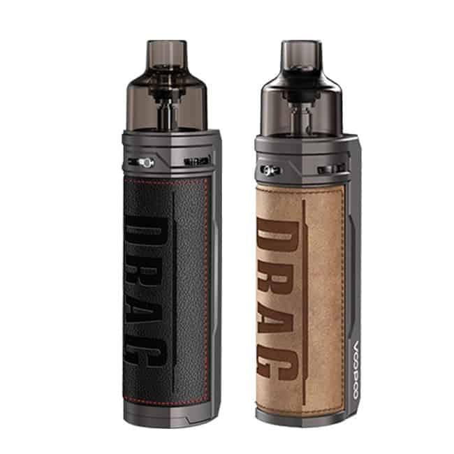 VOOPOO Drag X 80W pod mod: deri kaplı gövde ve üstte şeffaf pod, siyah ve açık kahverengi iki renk